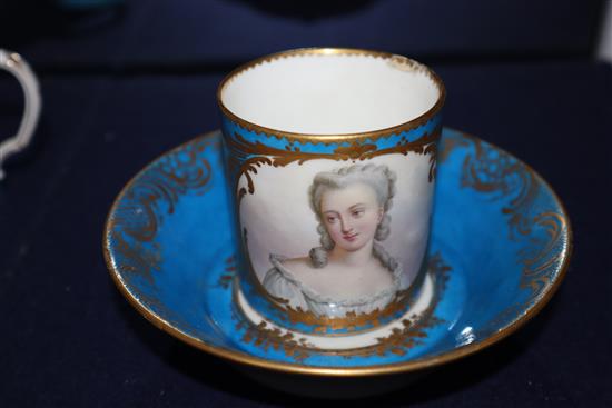 A Sevres style Madame de Genlis bleu celeste coffee can and saucer, a Sevres style coffee can and a Sevres Empire revival tea cup, al